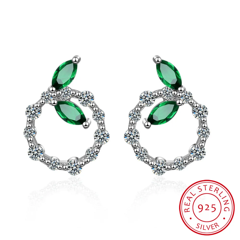 

Korean Fashion Style Simple Circular Ear Studs Silver 925 Jewelry Gemstones Earrings for Women Emerald Leaf Dating