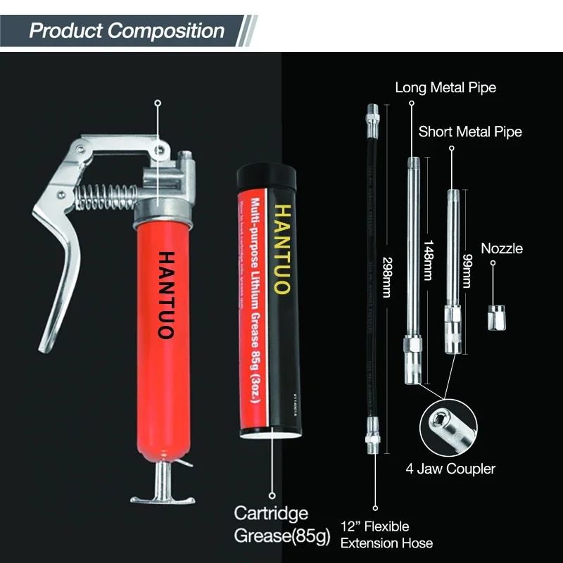 Grease Gun 3000 PSI Pistol Grip 3 oz Load 18Inch Spring Flex Hose 2Grease Couplers 2Extension Rigid Pipes and 1Sharp Type Nozzle