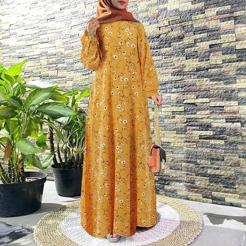 Women's Muslim Robe Dress Plus Size Floral Printed Vintage Casual Full Sleeve Long Dress Islamic Prayer Female Vestidoes