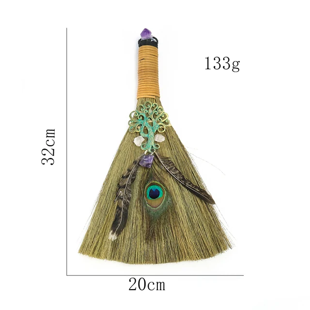 Manual Weave Magic Broom Peacock Feather Tree of Life Viking Dragon  Amethyst Gemstone Witchcraft Wand Astrology Meditation Decor
