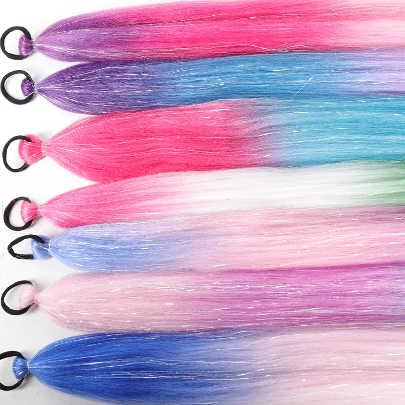 Ombre Braiding Hair Extensions Synthetic Colorful Braid Ponytail Extension With Hair Tinsel 26 Inch Jumbo Ponytail For Women