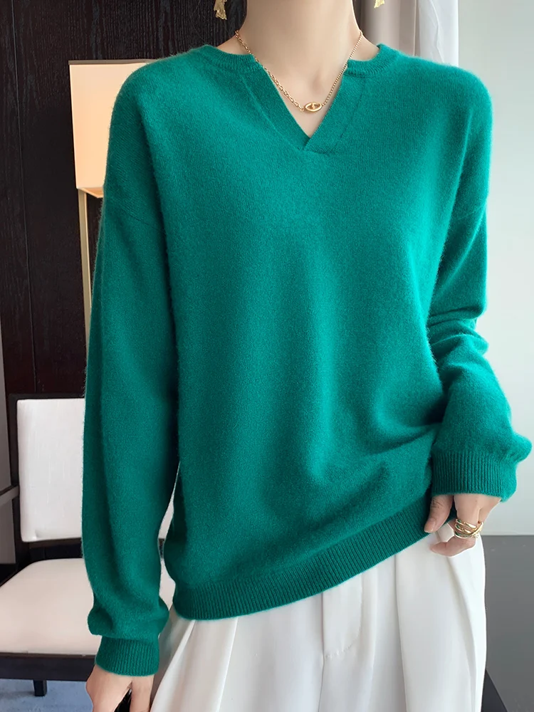 

Women Sweater Autumn Winter V-Neck Solid Long Sleeve Pullover 100% Merino Wool Casual Cashmere Knitwear Korean Fashion Tops