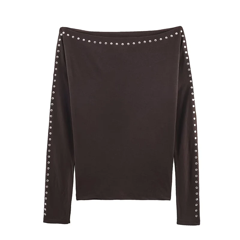 Women's Simple Style T-Shirts Spring Autumn Fashion Rivet Bat Sleeve Short T Shirts for Women Streetwear Long Sleeve Casual Tops