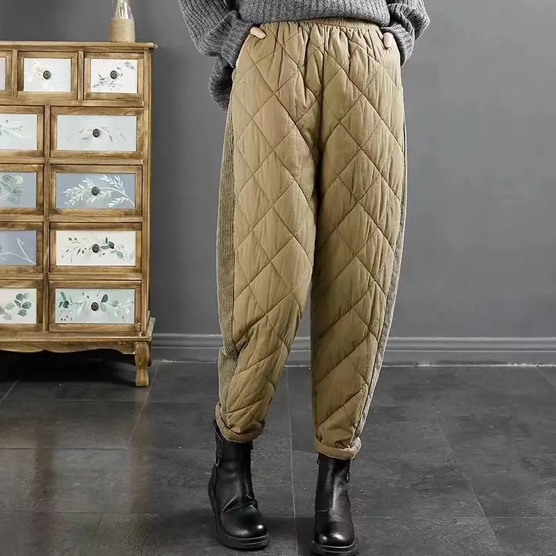 2023 Winter New Korean Fashion Solid Color Diamond Grid Spliced Velvet Elastic Waist Warm Clip Cotton Pants for Women