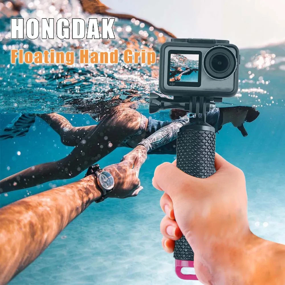 Main tenant la poignée flottante HONGDAK avec une GoPro, montrant la texture antidérapante.