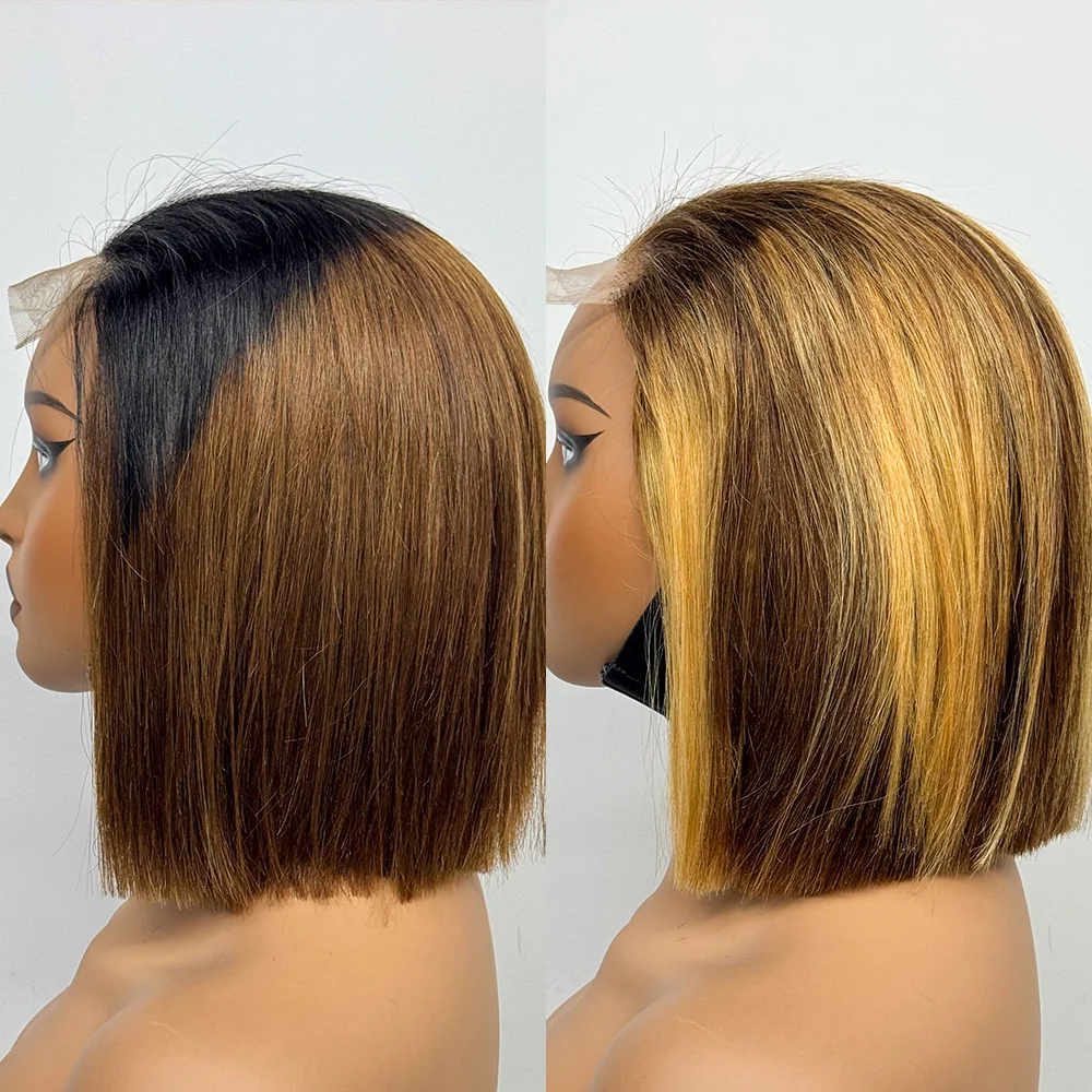 4x4 Lace Closure Frontal Double Drawn Short Bob Wigs Straight Human Hair 200% Density Transparent Lace Wig for Black Women