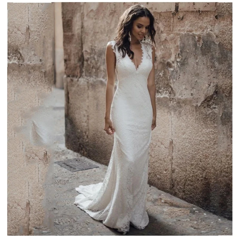 Lace Wedding Dress 2023 V Neck Lace Sexy Boho Bridal Dresses Custom Made Backless Mermaid Wedding Gowns Vestidos de novia 3