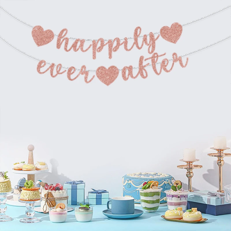 Red, black, and rose gold 'Happily Ever After' banner - sparkling single wedding bride party banner for bachelorette and engagem