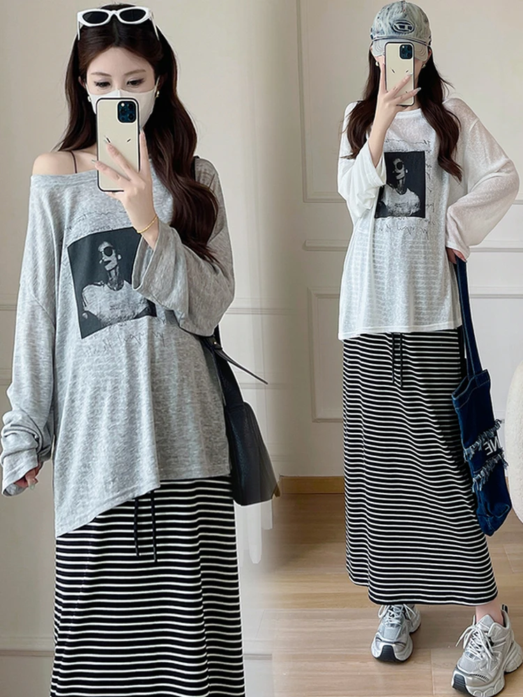 여름 신상 임산부복 루즈핏 긴팔 티셔츠 스트라이프 스커트 투피스 세트 배 가리개 우아한 노화 방지 자외선 차단