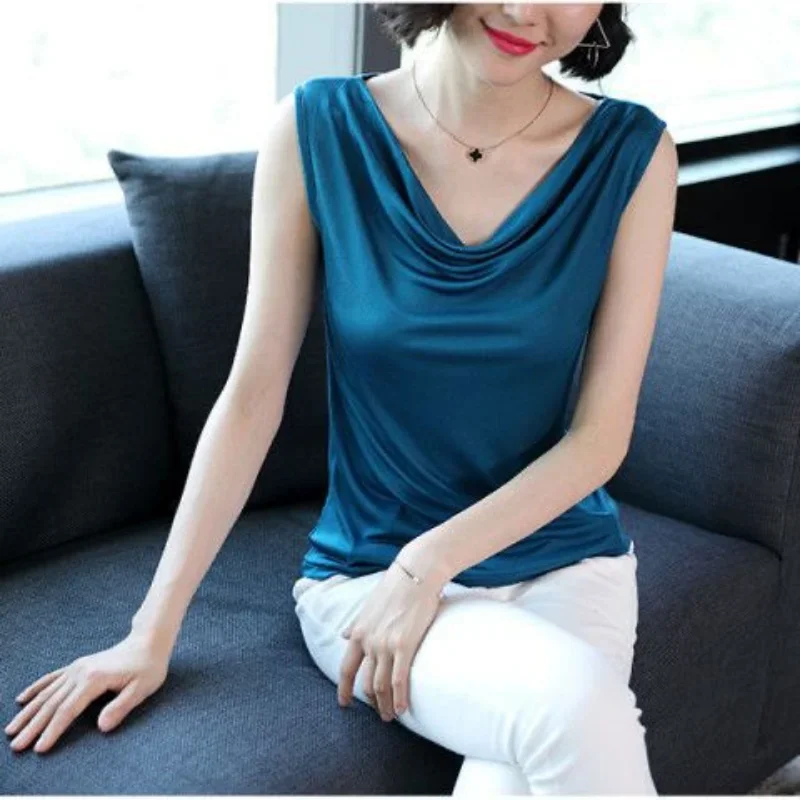 S-5XL Women Ice Silk Shirt Heaps Collar  Sleeveless Tank Tops Summer Vests Solid Soft Slim Stretchy Tshirts Tops For Woman