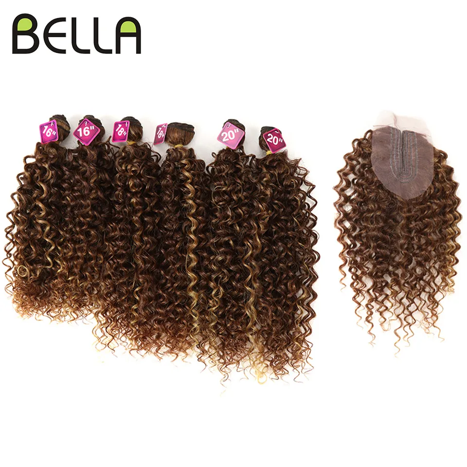 Bella Afro Kinky Curly Synthetic Hair 6 Bundles With 1 Closure 7pcs/Lot 16-20 inch Kinky Curly Bundles Hair Extension hair extensions