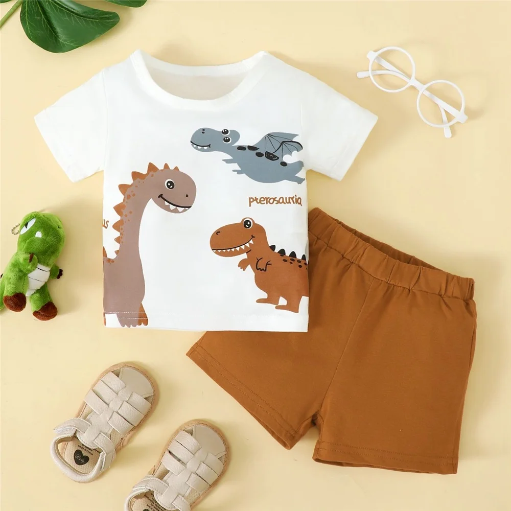 0-3 Years Infant Baby Boy 2PCS Set Cartoon Dinosaur Short Sleeve Top + Brown Shorts Cute Sport Style Outfit