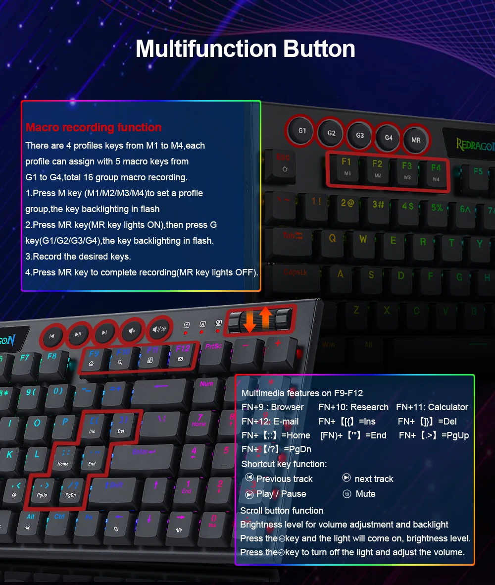 Redragon yi k625p rgb mechanical gaming keyboard – 94 keys, red switch, slim & ultra-thin design for computers & pcs