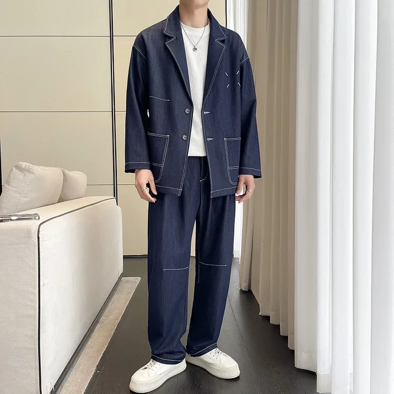 Men Streetwear Fashion Loose Casual Denim Blazers Jacket Pant 2 Pieces Suits Sets Man Vintage Suit Coat Jeans Tracksuits