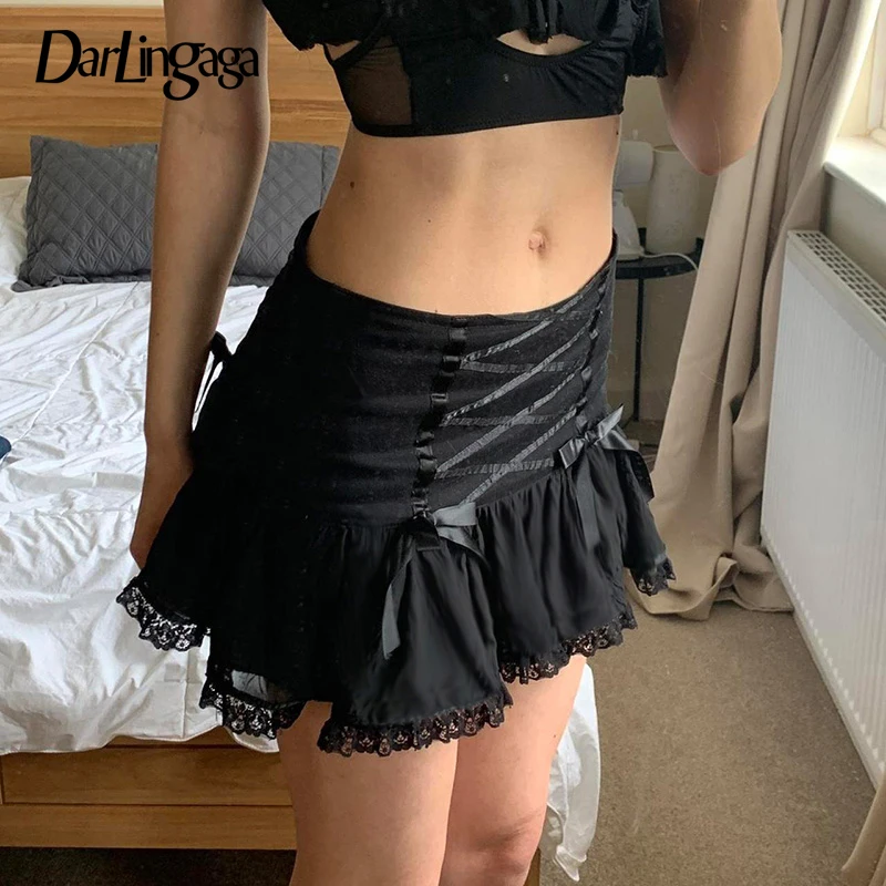 Darlingaga Gothic Y2K Lace Trim Mini Skirt Harajuku Vintage Tie Up Bow Dark Academia Sexy Women Skirts Hottie A-Line Grunge New