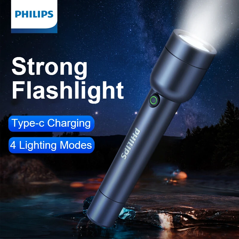 Philips SFL1236 LED Flashlight with USB Charging 18650 Battery 4 Lighting Modes Powerful Flashlight for Self Defense Camping