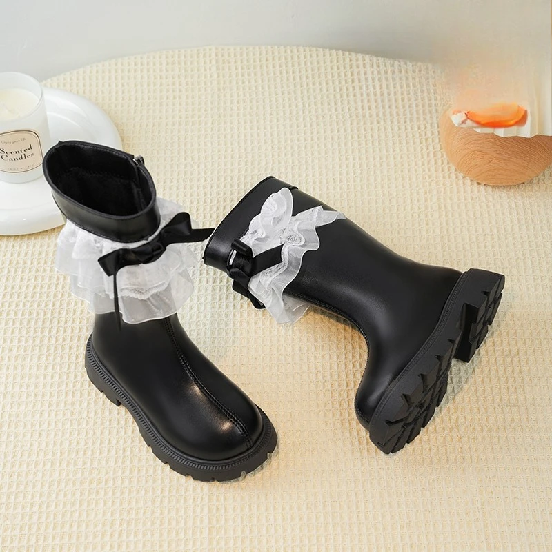 Girls Fleece Ankle Boots with Lace Bow for Winter School Party