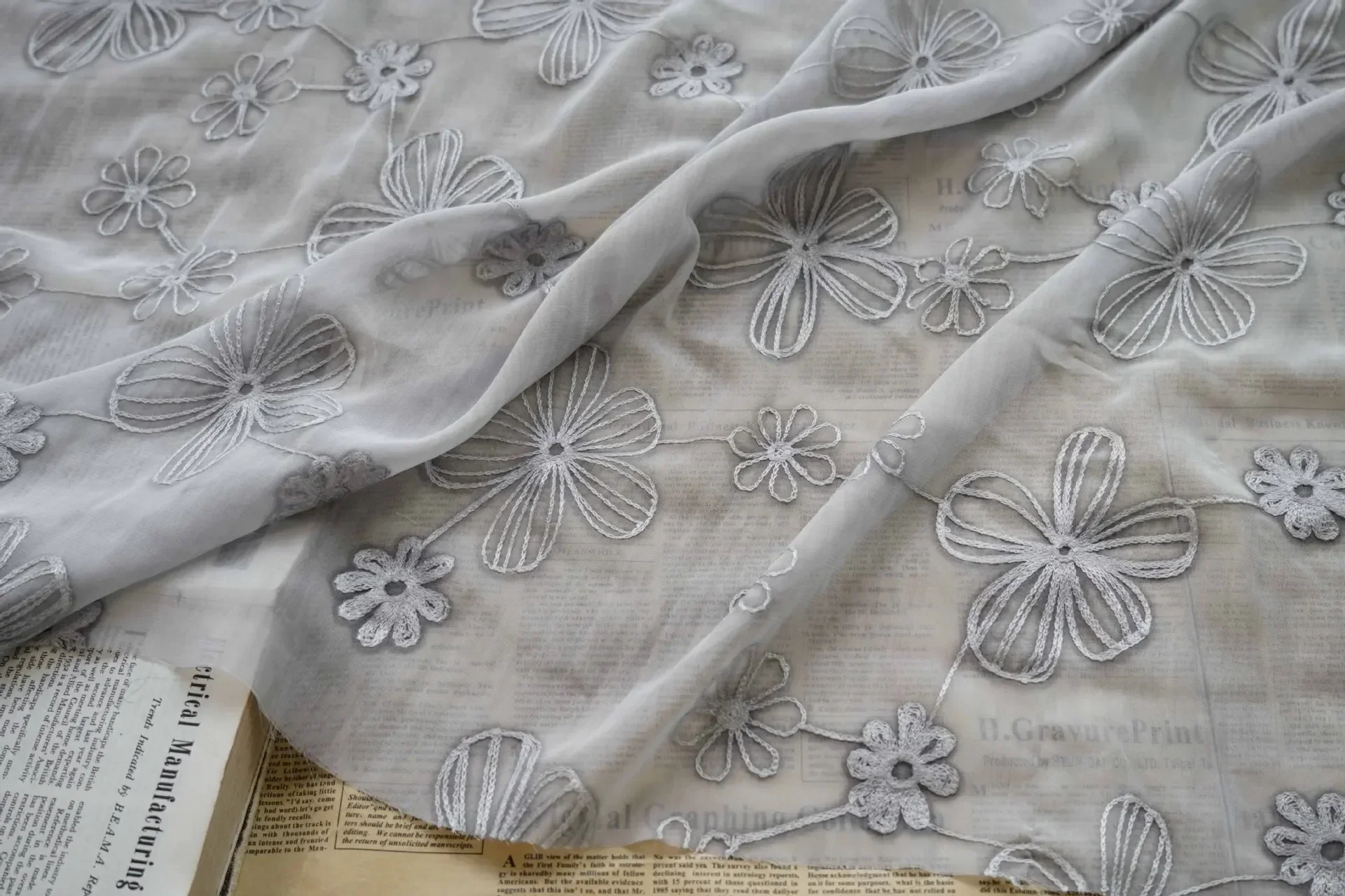 Elegant Green and Beige Floral Embroidery Chiffon Tulle Fabric for Dresses and Costume Design