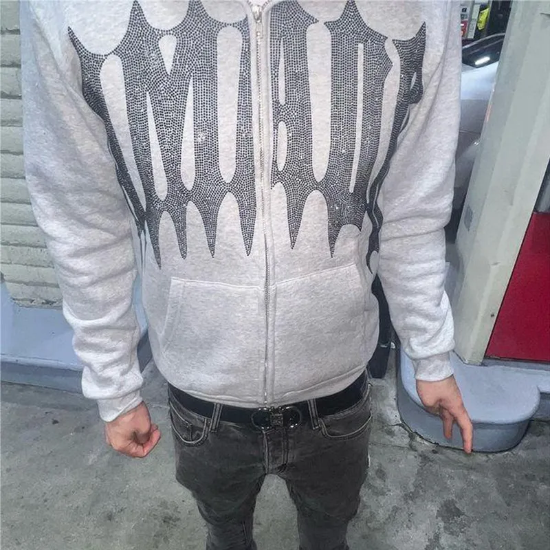 Men Y2K Fashion Hoodie Monster Horn Rhinestones Hoodie