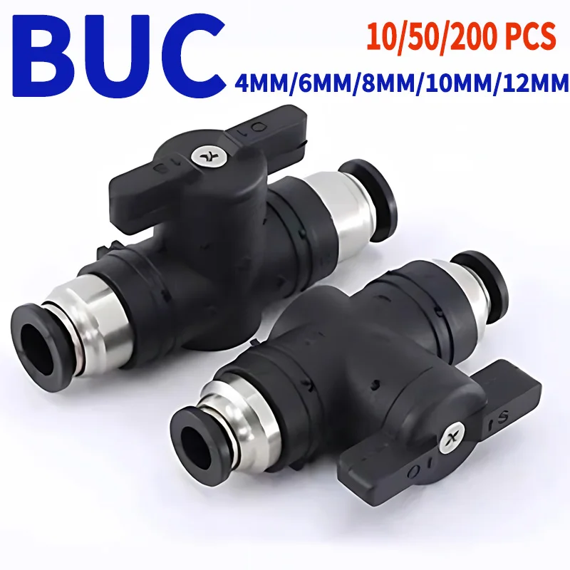 BUC Black Pneumatic Push In Quick Joint Connector Hand Valve-Turn Switch Manual Ball Current Limiting (4mm,6mm 8mm,10mm,12mm)