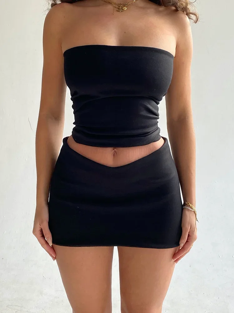 2023 Solid Sleeveless Folds Tube Crop Top Skirts 2 Piece Matching Set Summer Fashion Streetwear Beach Clothing Drop Shipping