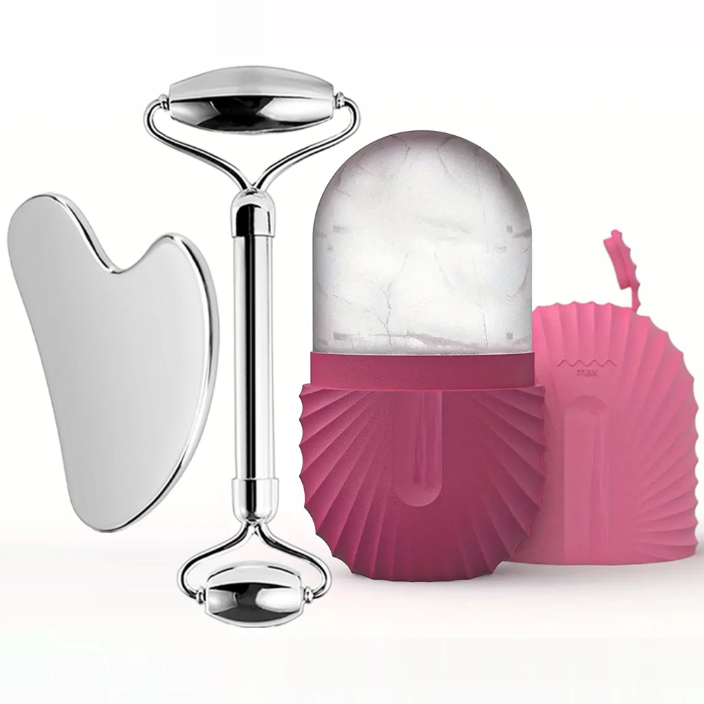 Enhanced Facial Skincare Ice Roller and Gua Sha Set with Stainless Steel Massage Tools