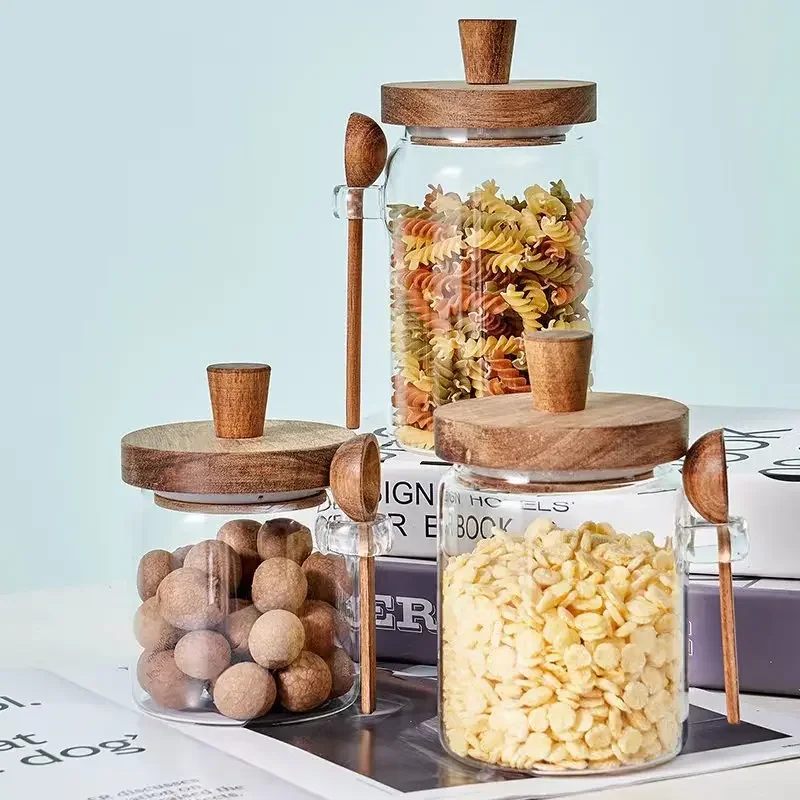 Glass Sealed Jar Five Grains Coffee and Tea Storage Can with Wooden Spoon Seasoning Bottle Kitchen Moisture-proof Storage Tank 2