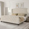 King Size Bed Frame Velvet Upholstered Platform Beds with Wingback Headboard & Footbaord, Deep Button Tufted King Bed Frame 1