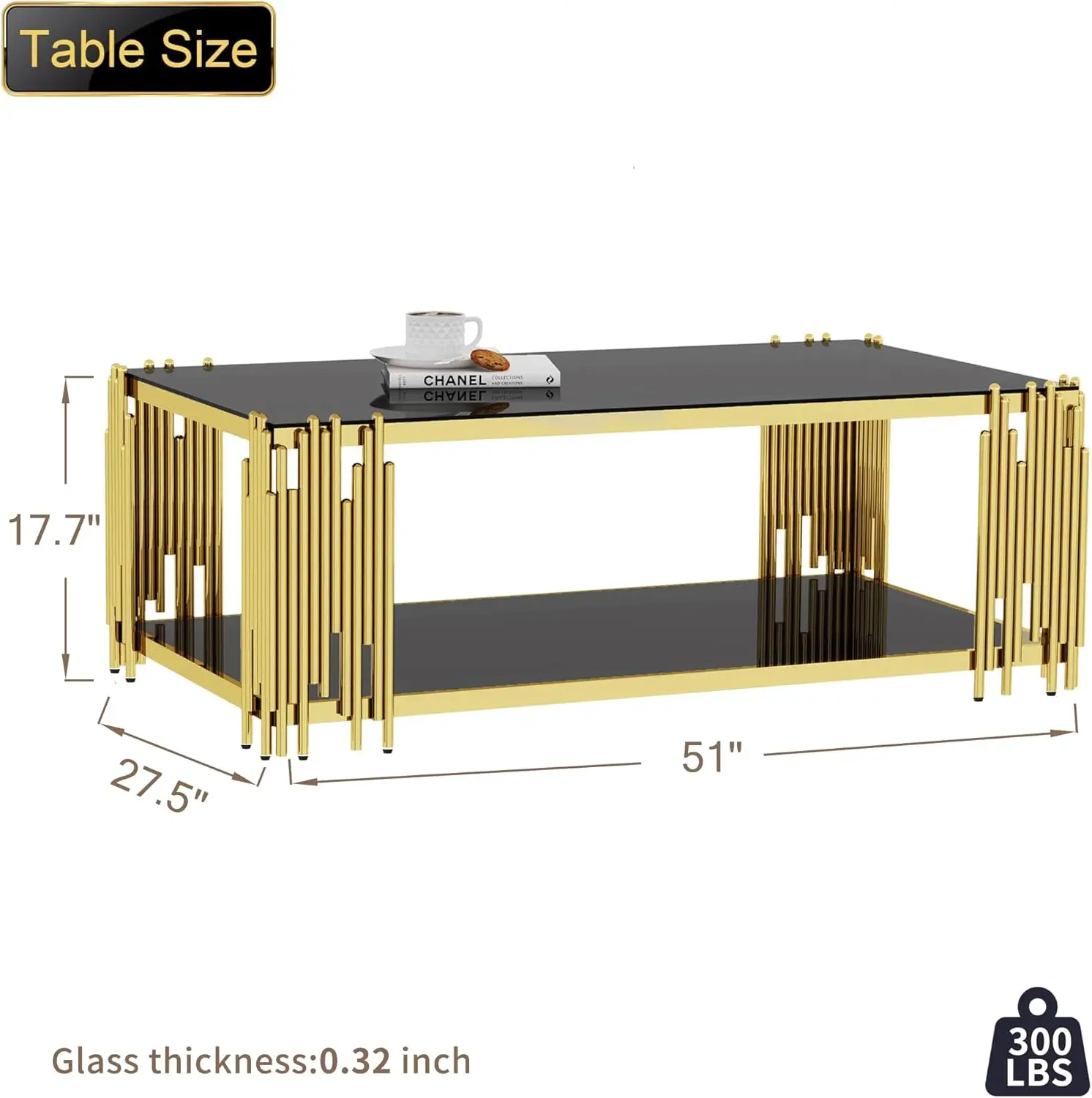 Glass Coffee Table Living Room Table Gold Stainless Steel Metal Leg RectangularTempered Glass Center Table for Home Office 2