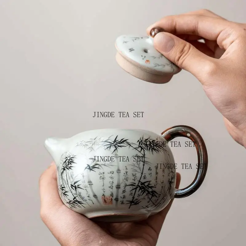 240ml Ceramic Ru Kiln Ink Bamboo Teapot Home Office Teapot Chinese Retro Kung Fu Tea Set