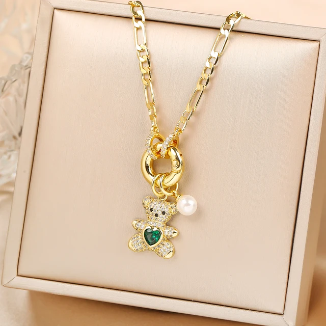 99221-995a32.jpg Haute qualité brillant cristal zircone Animal mignon ours pendentif collier ras du cou pour femme fille vacances serrure os chaîne bijoux cadeau