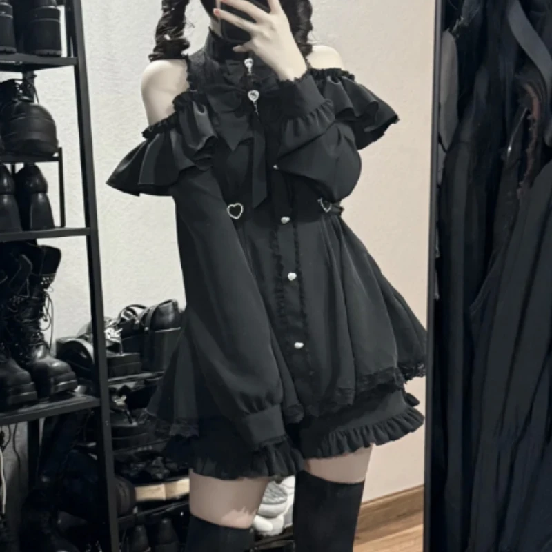 Gothic Lolita Bow Dress  Shorts Set - Off-Shoulder Lace Ruffle Party Outfit