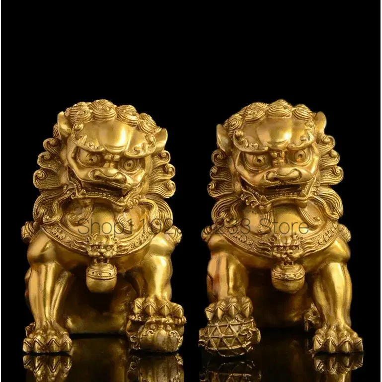 

A Pair Feng Shui Chinese Bronze Lion Statue Copper Evil Guardian Door Fu Foo Dog