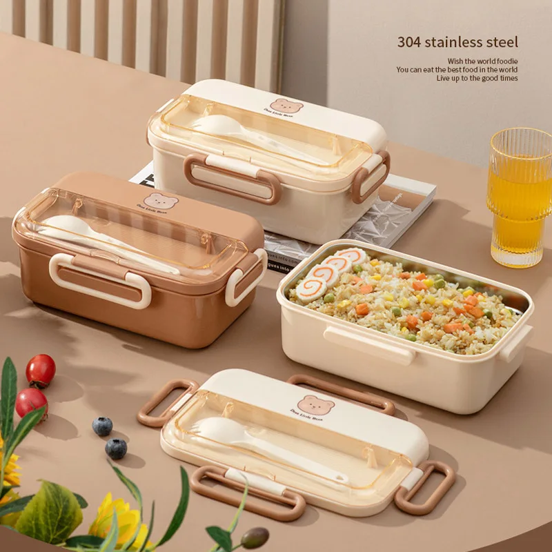 

Cartoon Bear Portable Lunch Box Stainless Steel Bento Box with Cutlery Leakproof Sealed Food Container Microwave oven Dinnerware