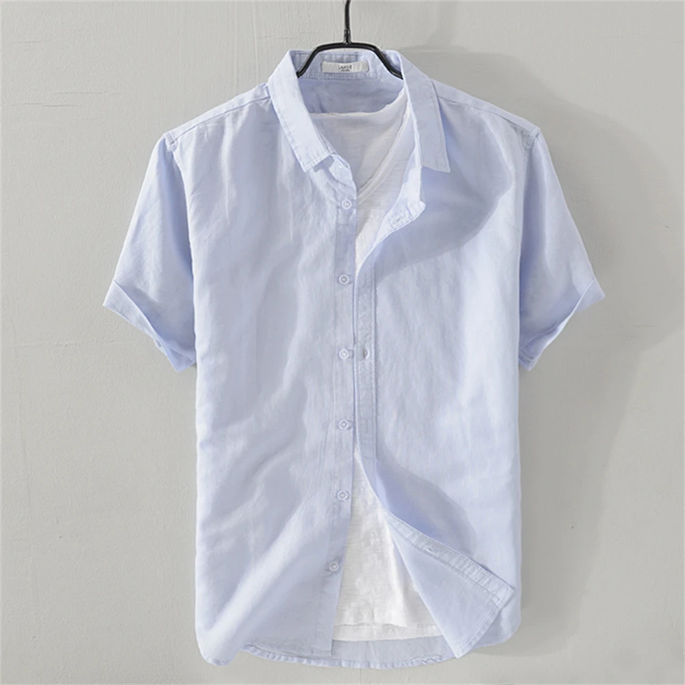 Summer men's shirts short sleeve Solid men clothing Tops  breathable cotton and linen Casual shirt for young man 5