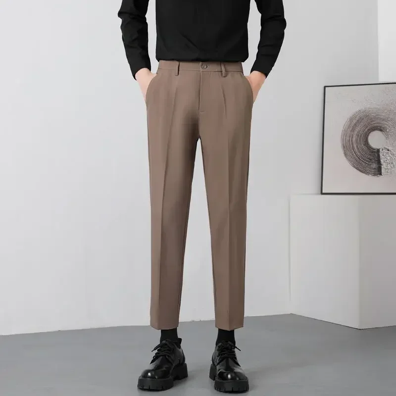 thumbnail image 1 of Pantalones de traje rectos fluidos 9 recortados para hombre Pantalones de verano drapeados para hombre Nuevos pantalones de hombre chinos Ropa formal de primavera 2024 en adelante, 1 of 5