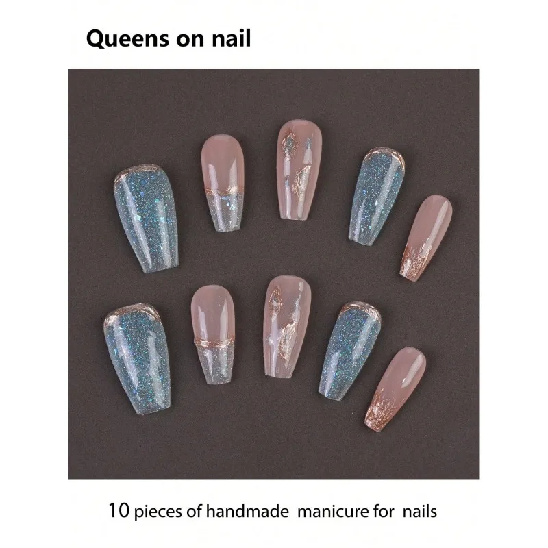

10 Pieces Handmade press on Nails, Ballet Style Fake Nails/Sfumato/Hand-Painted Butterfly Pattern/Metal Butterfly/Shiny Pearls