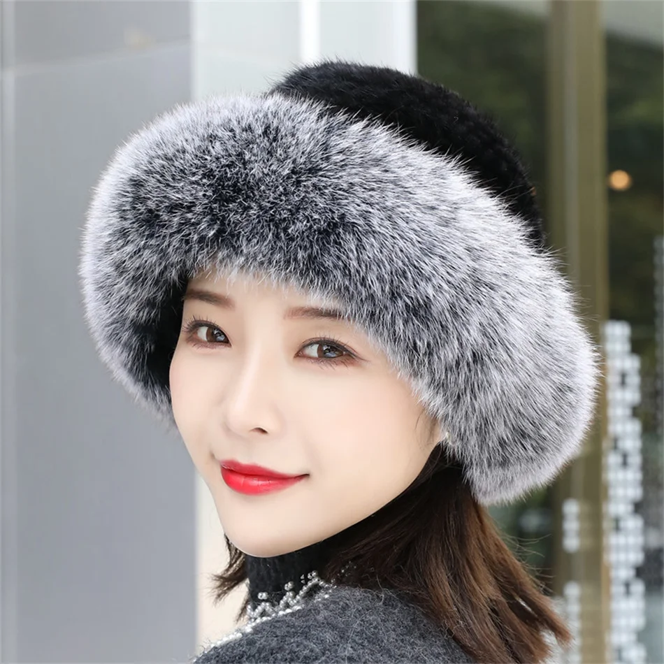 Winter Caps For Women Fur Hats Russian Mink Fur Knitted Beanie Hat Bucket Hat Women Luxury Real Fox Fur Mink Fur Hat Women Hats