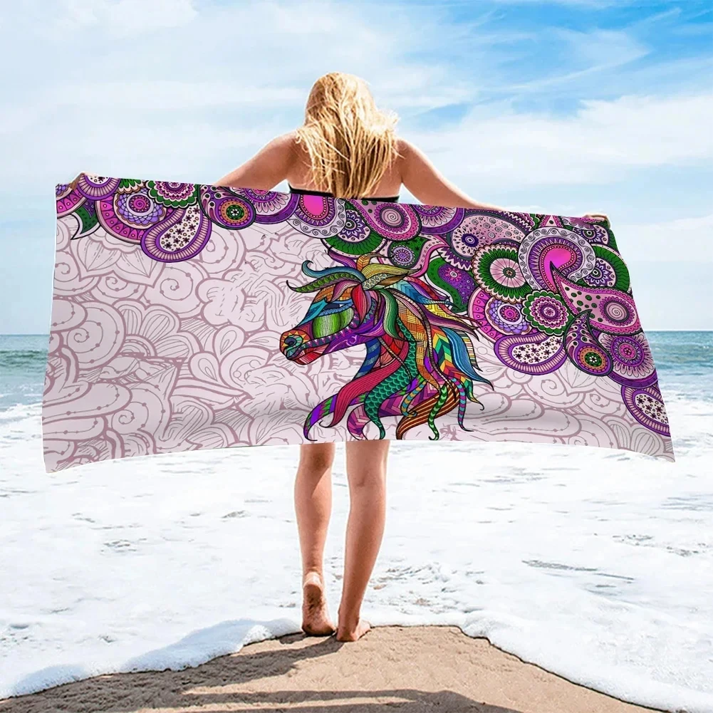 보헤미안 말 강아지 꽃 프린트 비치 타올, 빠른 건조, 부드럽고 귀여운 목욕, 여름 수영, 피트니스, 요가, 스포츠, 어린이용 수영장 타올