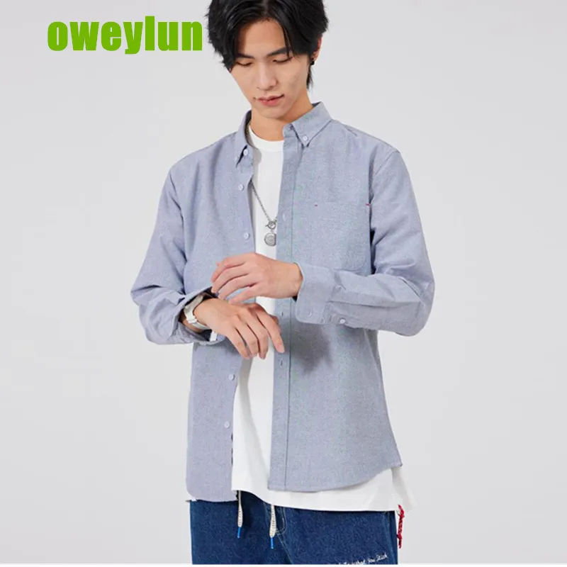 Boweylun Spring And autumn New Cotton Men's Casual Shirt Comfortable Skin-friendly Youth Pop Pocket Solid Color Long Sleeve