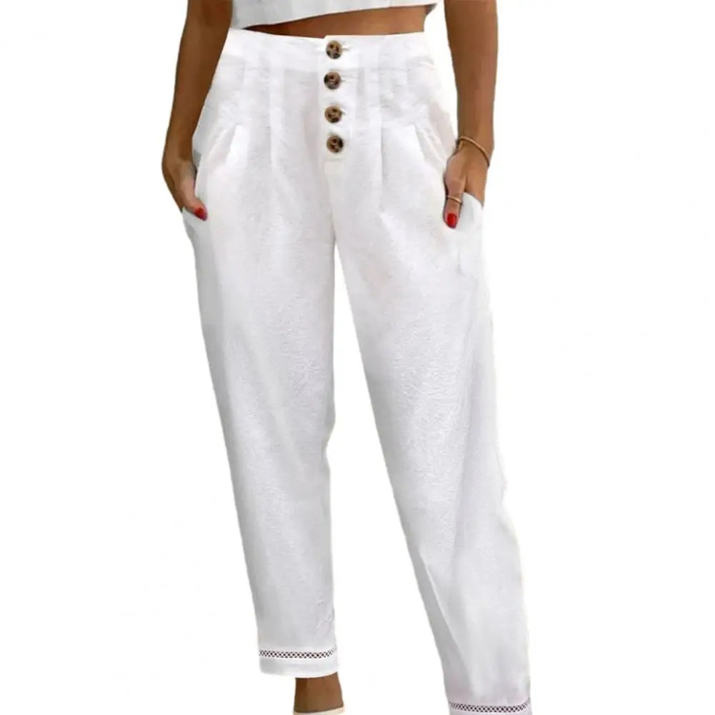 

Women Pants High Waist Button Decor Ankle Length Slim Fit Solid Color Pockets Pencil Pants Casual Breathale Women Trousers