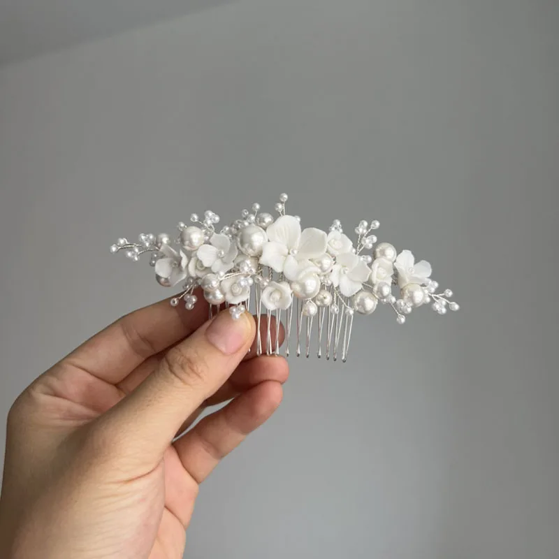 Floralbride Handmade Crystal Rhinestone Pearl Ceramic Flower Bridal Hair Comb Wedding Hair Accessories Bridesmaids Women Jewelry