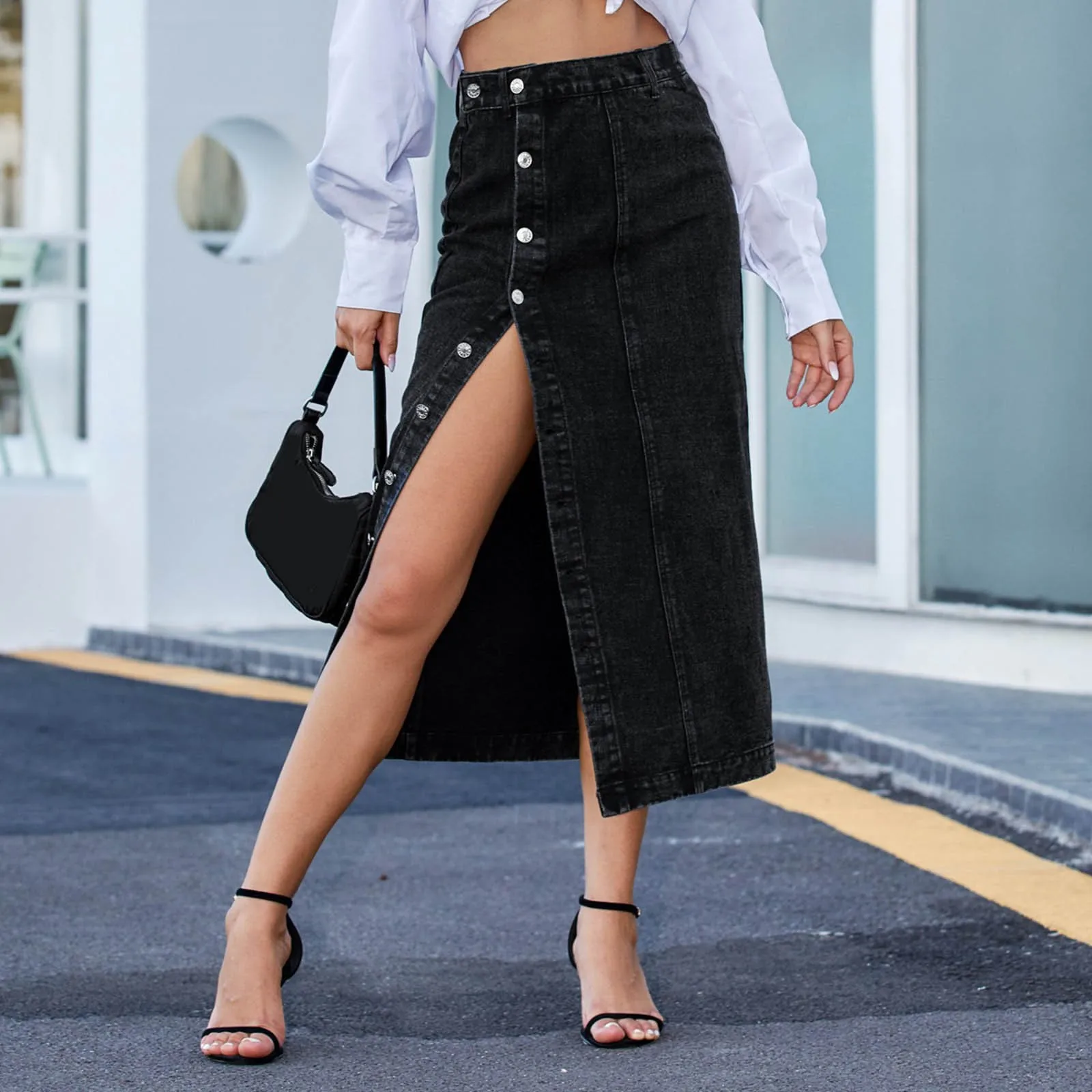 

High Waisted Denim Skirt For Women 2024 New Fashion Simple Split Buttocks Calf Skirts Casual Showing Figure Clothing In Summer