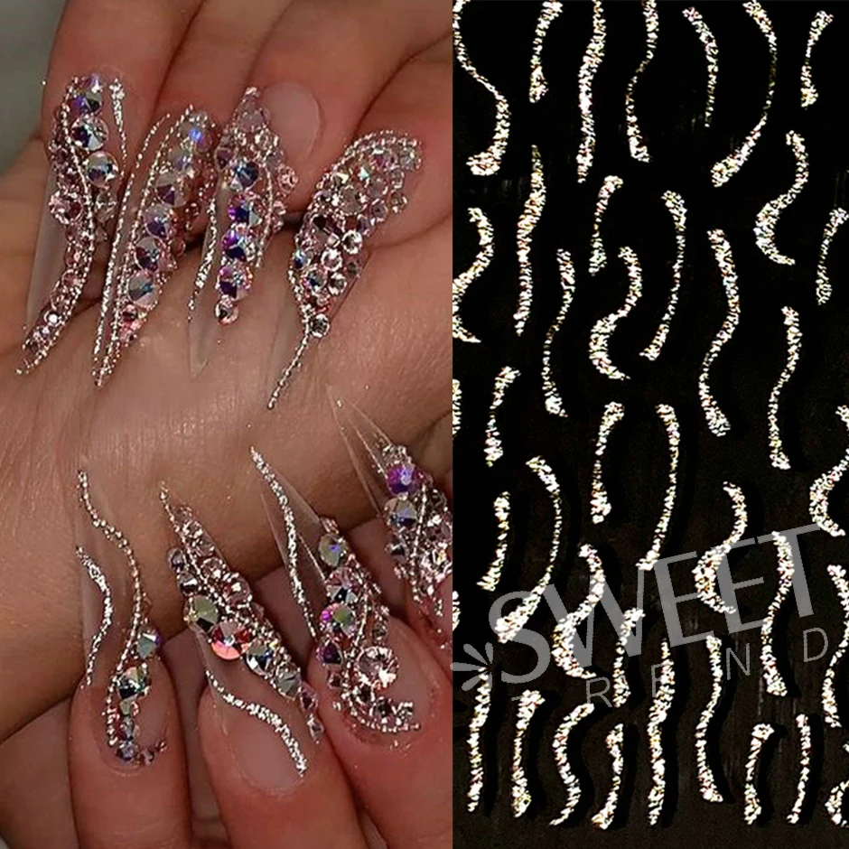 6pcs Flashy Glitter French Nail Design Stickers Set Reflective Silver Gold Swirl Strip Wave Manicure Sparkly