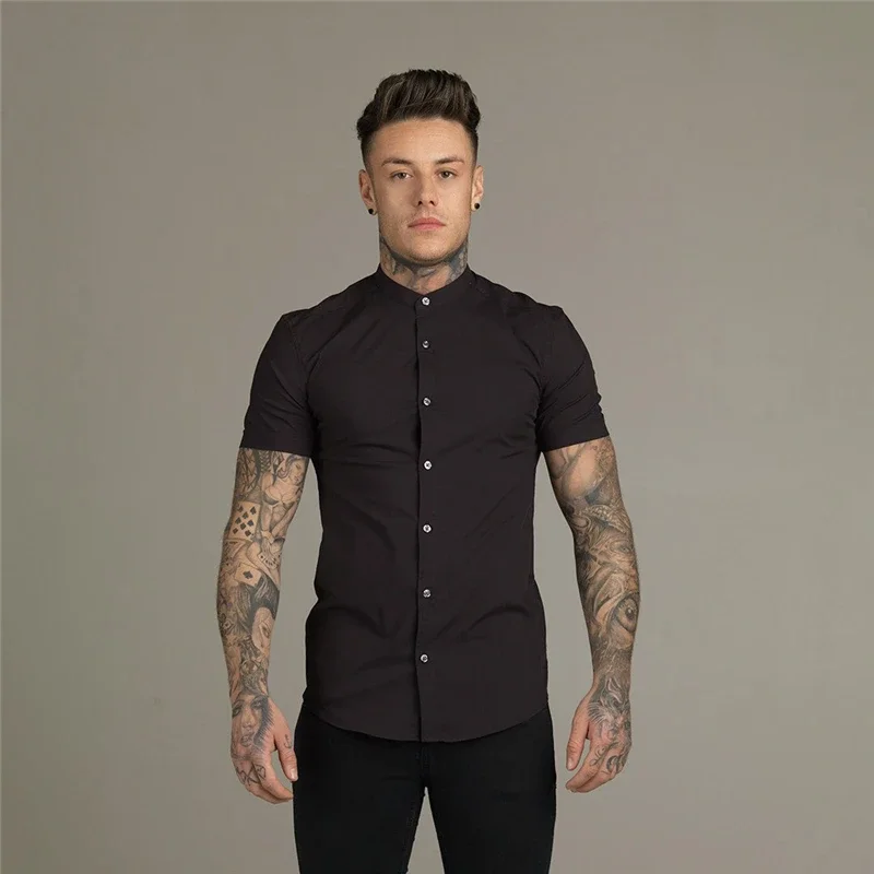 Summer Men Fashion Short Sleeve Solid Shirt Slim Fit Male Social Business Dress Shirt casual short sleeved shirt short sleeved shirt Brand Mens Gym Fitness Sports Clothing