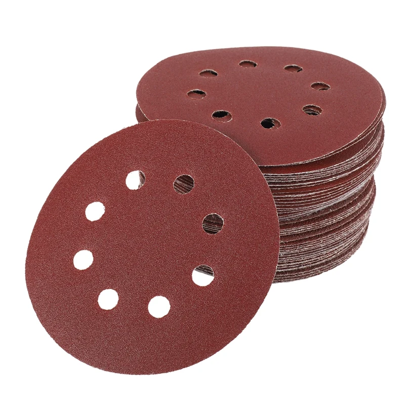 

50Pcs 5 Inch 125Mm Round Sandpaper Eight Hole Disk Sand Sheets Grit 40/60/80/120/240 Hook And Loop Sanding Disc Polish