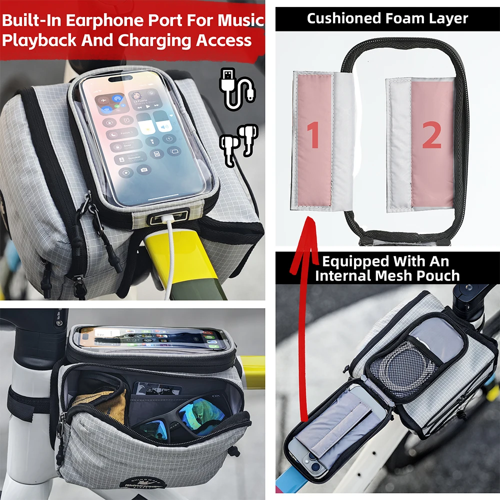 Rhinowalk Bike Frame Tube Bag With Touchable Phone Holder Pack Waterproof Bicycle Crossbar Saddlebag Single-Sided Magnetic Flap 4