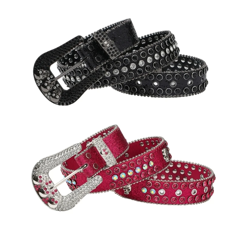 

Adjust Pin Buckle Diamond Waist Belt Adult Western Skull Rivet Belt