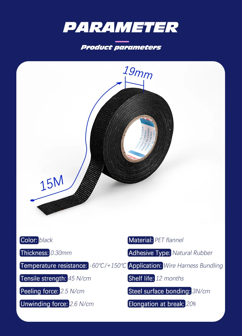 15M 9/15/19/25MM Heat-resistant Adhesive Cloth Fabric Tape For Automotive Cable Tape Harness Wiring Loom Electrical Heat Tape