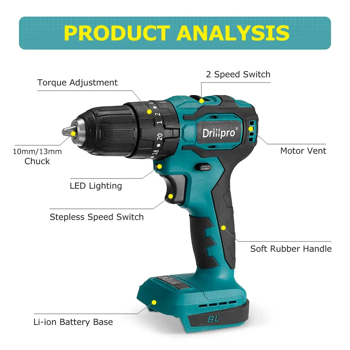 Drillpro 귯ø Ʈ 帱  帱, 20 + 3 ũ ũ ̹ 帱  , Makita 18V ͸, 10mm, 13mm